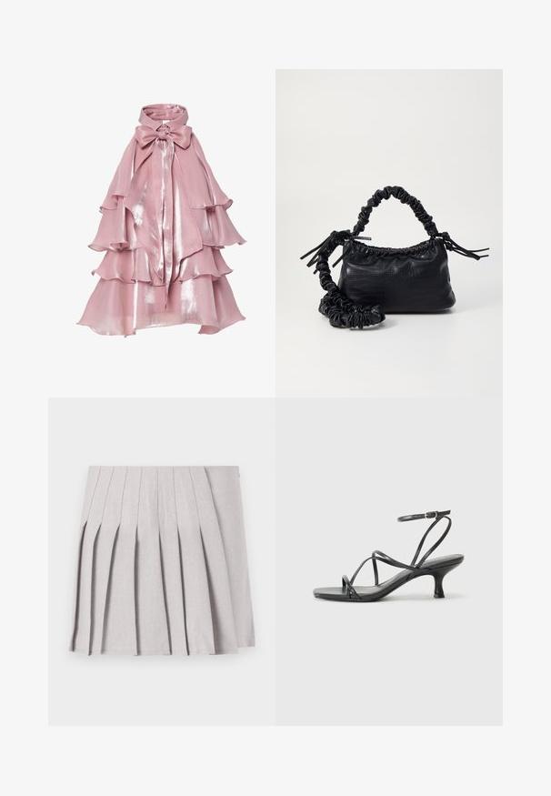 Layered pink gown with a shiny finish, featuring ruffled tiers and a high collar, accented by a large bow at the neck.; Gray pleated skirt with a smooth texture, featuring multiple vertical folds and a fitted waistline. Made from lightweight fabric.; Black heeled sandals with thin straps, open toe design, and a small, flared heel. The material appears smooth and glossy.; Black faux leather handbag with a crocodile texture, cinched top, and a scrunched strap. Appears soft and compact in design.