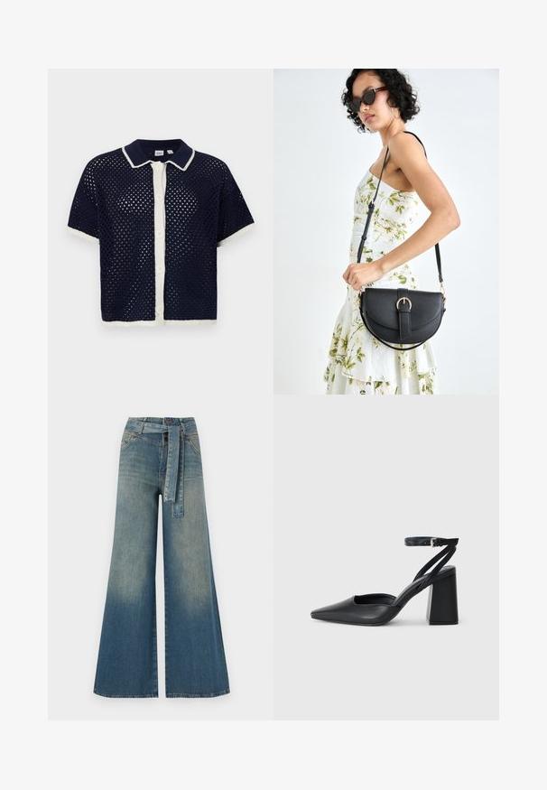 Tengerészkék kötött, rövid ujjú gombos ing fehér légáteresztő gallérral, perforált mintázattal és kontrasztos gallér- és szegélydíszítéssel.; Bőszárú farmernadrág, világos és sötétkék árnyalatokkal, magas derekú, övgyűrűkkel és a nadrággal megegyező anyagú övvel. Textúrált farmer kivitel.; Fekete bőr, hegyes orrú magassarkú cipő boka pánttal és vastag sarokkal. Sima textúra, elegáns dizájn és minimális esztétika.; Fekete bőrtáska ívelt formával, levehető pánttal és arany színű fémrészekkel. A táskán egy csattal díszített fedél található.