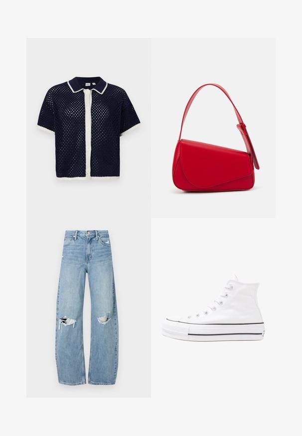 Tamsiai mėlyna megzta trumparankovė mygtukinė marška su balta apykakle, turinti perforuotą raštą bei kontrastingus apykaklės ir kraštų akcentus.; Šviesiai mėlynos, aukštu juosmeniu džinsai pagaminti iš džinsinio audinio. Turi plačias kojų kelnes, dvi suplėšytas kelio vietas ir klasikinį penkių kišenių dizainą.; Balti aukštakulniai drobės sportbačiai su juodu guminio pado, priekinio guminio piršto dangteliu ir šešiais akytėmis raištams, pasižymintys švariu, minimalistiniu dizainu.; Raudona odinė rankinė su kampuota, geometrine forma. Pasižymi viena reguliuojama dirželiu ir dangteliu su siuvinėtais dekoracijomis.