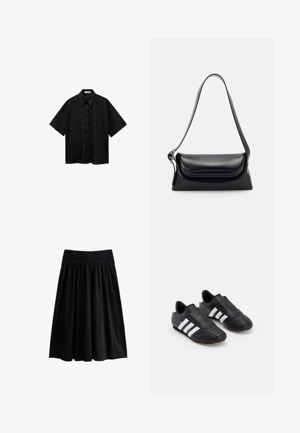 Chemise noire à manches courtes en tissu léger, avec un devant boutonné et un col classique. Texture unie sans motifs.; Jupe noire, longueur genou, avec une taille smockée. Fabriquée en tissu doux, elle offre une coupe décontractée et une texture lisse sans motifs visibles.; Chaussures de soccer noires avec une tige en cuir texturé, présentant un devant rembourré, trois rayures blanches sur les côtés et une semelle extérieure en caoutchouc gum.; Sac à main en cuir noir avec une forme structurée, une texture lisse et une seule bandoulière. Présente un design de rabat arrondi et subtil.