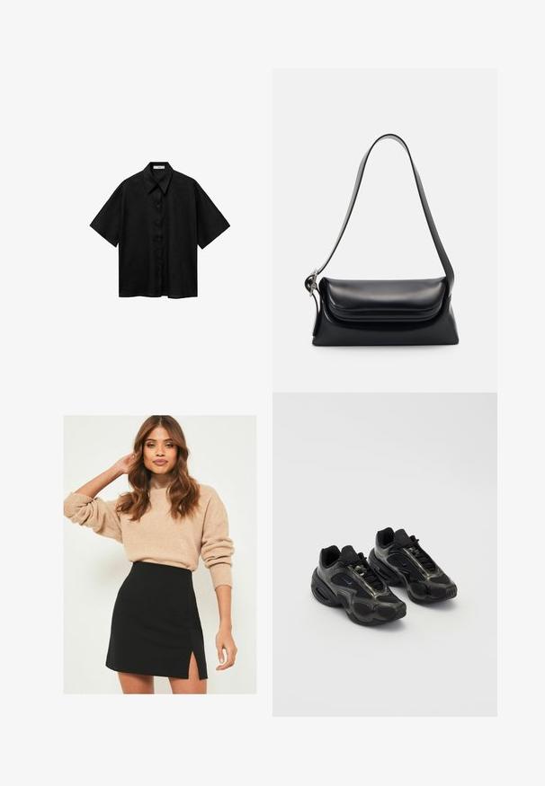 Czarna koszula z krótkim rękawem, wykonana z lekkiego materiału, z zapięciem na guziki z przodu i klasycznym kołnierzykiem. Gładka struktura bez wzorów.; Beżowy sweter dzianinowy z prążkowanymi mankietami w zestawieniu z czarną mini spódnicą z bocznym rozcięciem. Stylizacja ma swobodny, a zarazem dopasowany krój.; Czarne buty sportowe wykonane z materiałów syntetycznych, z siateczkowymi akcentami i zaokrąglonymi podeszwami. Wyposażone w system sznurowania oraz wyraźne logo Nike na języku.; Czarna skórzana torebka o zorganizowanym kształcie, gładkiej fakturze i pojedynczym pasku na ramię. Posiada subtelną, zaokrągloną klapkę.; Srebrny zegarek kwarcowy Casio z prostokątną tarczą, wyświetlaczami analogowymi i cyfrowymi, stalową bransoletą oraz funkcjami wodoodporności.