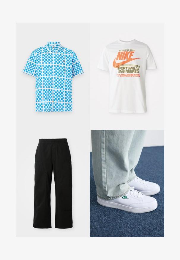 Srajca s kratkimi rokavi v svetlo modri barvi s karo vzorcem, ki ima bele detajle in oranžno gumbe ob zapenjanju. Narejena iz lahkega materiala.; Bela bombažna majica s velikim oranžnim logotipom "NIKE" in zelenim napisom "SPORTSWEAR ENGINEERED" ter dodatnimi specifikacijami.; Črne bombažne hlače z elastičnim pasom, širokim krojem in velikimi stranskimi žepi. Tkanina se zdi mehka s gladko teksturo.; Bela usnjena športna obutev z zelenim Nike logotipom, okrogla konica, ravna podplat, v kombinaciji z svetlo modrimi kavbojkami, prikazana na modrem preprogu.