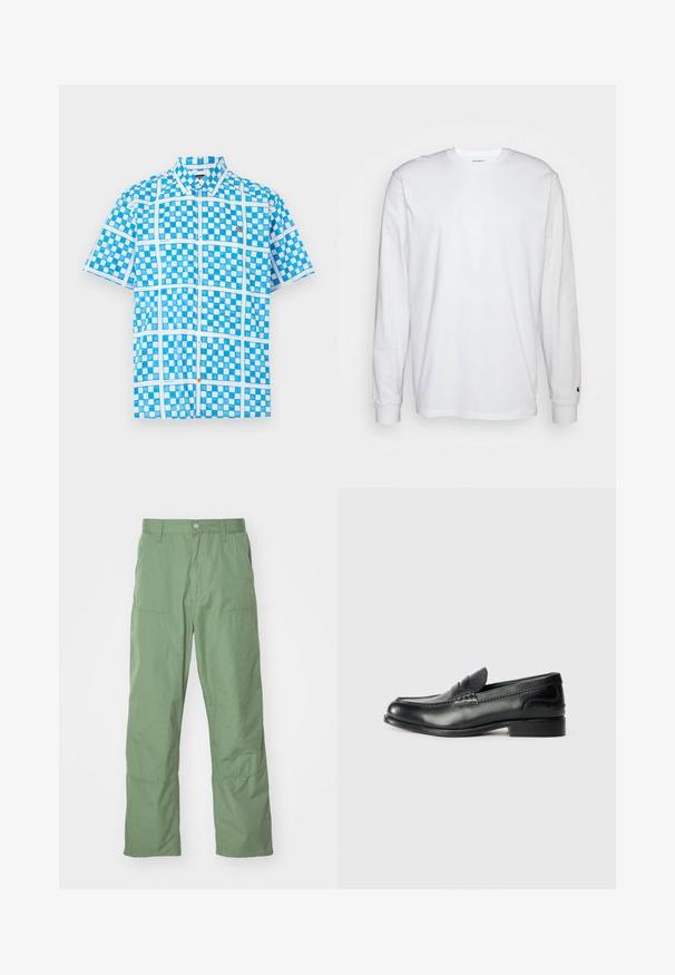 Short-sleeved shirt in light blue with a checkered pattern, featuring white accents and an orange button near the placket. Made of lightweight fabric.; White long-sleeved T-shirt made of cotton. Crew neck design with ribbed cuffs and a small logo on the left sleeve. Smooth texture.; Light green, relaxed-fit pants with a smooth texture, featuring side pockets and visible stitching details. Full-length with a straight leg design.; Black leather loafers featuring a smooth finish, stitched detailing across the vamp, and a slightly raised heel.