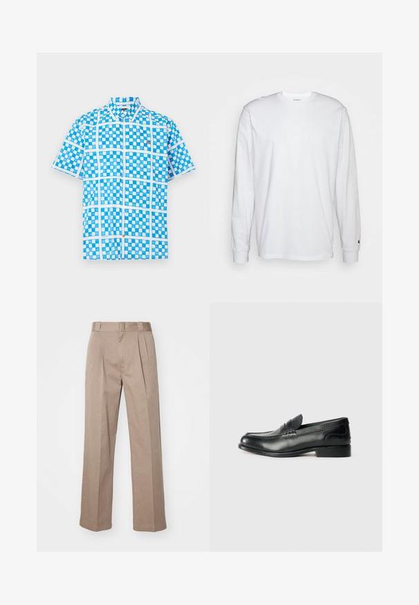Srajca s kratkimi rokavi v svetlo modri barvi s karo vzorcem, ki ima bele detajle in oranžno gumbe ob zapenjanju. Narejena iz lahkega materiala.; Bela dolgimi rokavi majica iz bombaža. Oblika s krožnim izrezom z rebrastimi manšetami in majhnim logotipom na levi rokavu. Gladka tekstura.; Bež hlače visoko pasu z širokimi nogami. Imajo dva sprednja nabira in gladko teksturo. Standardna dolžina s čistim zaključkom.; Črni usnjeni loafersi z gladko površino, šivanim detajlom čez vamp in rahlo dvignjenim peto.