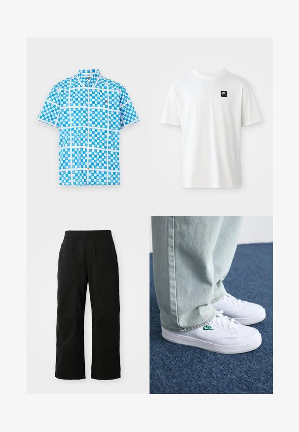 Camicia a maniche corte di colore azzurro chiaro con motivo a quadretti, con dettagli bianchi e un bottone arancione vicino al colletto. Realizzata in tessuto leggero.; T-shirt bianco in cotone con maniche corte e collo rotondo; presenta un piccolo logo rettangolare nero di Nike Air sul lato sinistro del petto.; Pantaloni neri in cotone con vita elastica, design a gamba larga e grandi tasche laterali. Il tessuto sembra morbido con una texture liscia.; Sneakers in pelle bianca con logo Nike verde, punta rotonda, suola piatta, abbinati a pantaloni in denim azzurro, mostrati su un tappeto blu.