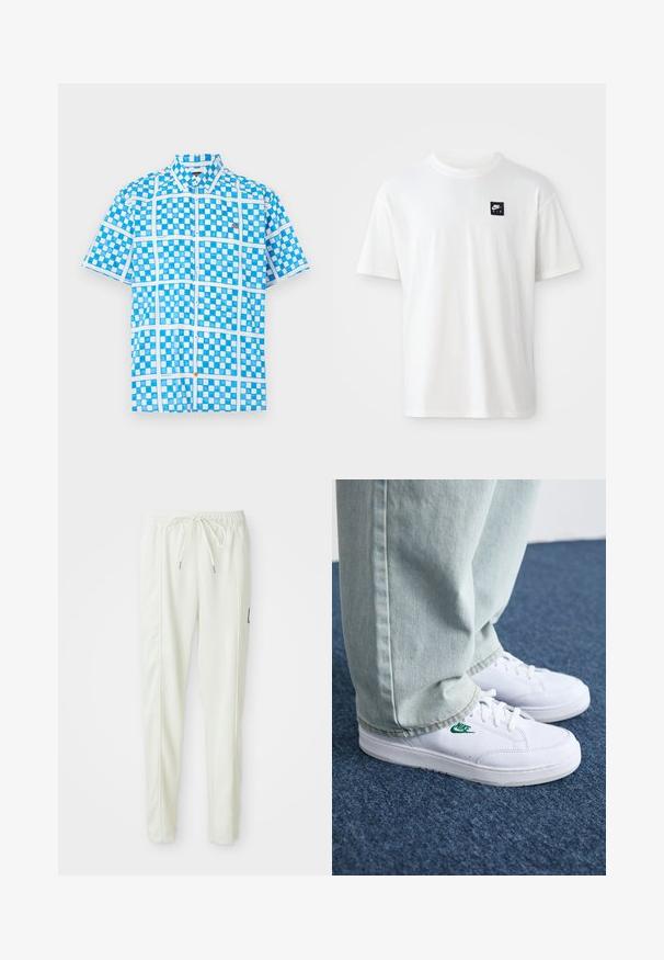 Koszula z krótkim rękawem w jasnoniebieskim kolorze w kratkę, z białymi akcentami i pomarańczowym guzikiem przy rozpięciu. Wykonana z lekkiego materiału.; Biała bawełniana koszulka z krótkim rękawem i okrągłym dekoltem; z przodu po lewej stronie znajduje się małe czarne prostokątne logo Nike Air.; Białe joggerki slim fit z elastycznym paskiem w talii i sznurkiem do regulacji, z bocznymi przeszyciami oraz małą czarną naszywką na prawej nogawce.; Białe skórzane sneakersy z zielonym logo Nike, okrągły czubek, płaska podeszwa, zestawione z jasnoniebieskimi dżinsami, pokazane na niebieskim dywanie.