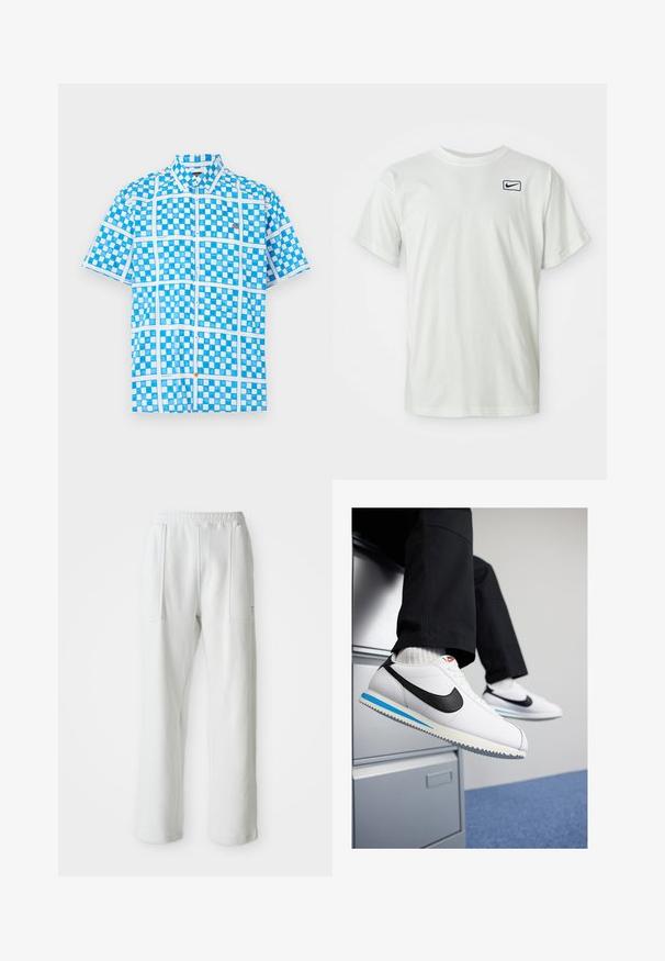 Camisa de manga corta en azul claro con un patrón a cuadros, con detalles en blanco y un botón naranja cerca de la tapeta. Hecha de una tela ligera.; Camiseta de algodón blanca de manga corta, con un logo de Nike en azul marino bordado en el lado izquierdo del pecho. Diseño estándar de cuello redondo.; Pantalones casuales blancos con una cinturilla elástica y grandes bolsillos frontales, exhibidos sobre un fondo claro y liso.; Zapatillas blancas de cuero con un swoosh negro de Nike, suela de goma en azul claro y gris, y un diseño clásico de cordones. Pies apoyados en un archivero.