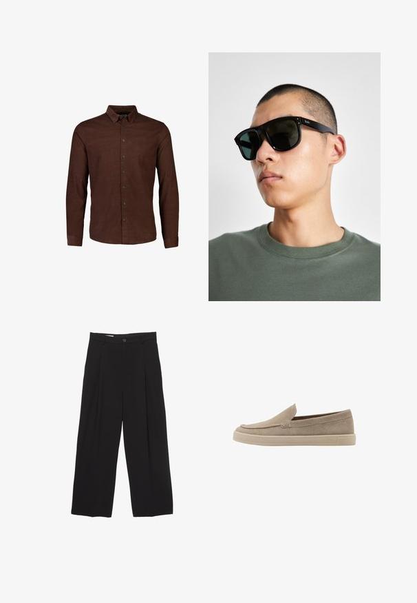 Camicia marrone con bottoni, realizzata in tessuto testurizzato. Presenta un colletto classico e una patta frontale con bottoni scuri. Maniche lunghe.; Pantaloni neri a gamba larga realizzati in tessuto morbido, con vita piatta, pinces frontali e chiusura con un bottone.; Scarpe slip-on in suede beige con punta arrotondata, design a profilo basso e finitura testurizzata. Presenta un delicato dettaglio di cucitura lungo la tomaia.; Occhiali da sole rettangolari neri con lenti scure, caratterizzati da una forma distintiva e un marchio sulla parte tempiale. Indossati da una persona con una maglietta verde.