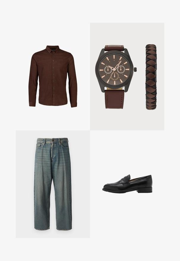 Brązowa koszula z guzikami, wykonana z fakturowanej tkaniny. Posiada klasyczny kołnierzyk oraz przedni zamek z ciemnymi guzikami. Długie rękawy.; Jasnoniebieskie dżinsy o luźnym kroju, średnim stanie i prostych nogawkach. Posiadają pięć kieszeni, szlufki na pasek oraz zapięcie na guzik.; Czarne skórzane mokasyny z przeszywaną przednią częścią i płaskim obcasem. Gładka tekstura z zaokrąglonym noskiem i dekoracyjnym paskiem na wierzchu stopy.; Pier One - Zegarek