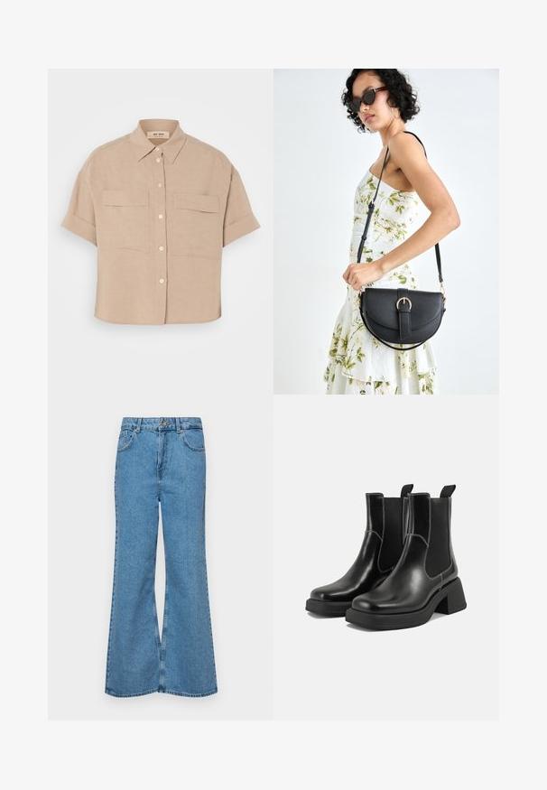 Camisa de linho bege de mangas curtas com colarinho pontudo, dois bolsos frontais e botões brancos. Corte boxy, textura suave.; Jeans de brim azuis claros, com corte à boca de sino, apresentando uma cintura alta, cinco bolsos e um fecho de botão único. Textura macia com acabamento desbotado.; Botas Chelsea em couro preto com um salto grosso, painéis laterais elásticos e costura branca em contraste. Acabamento texturizado.; Bolsa de couro preta com forma curva, alça destacável e detalhes em dourado. A bolsa possui uma aba com detalhe de fivela.