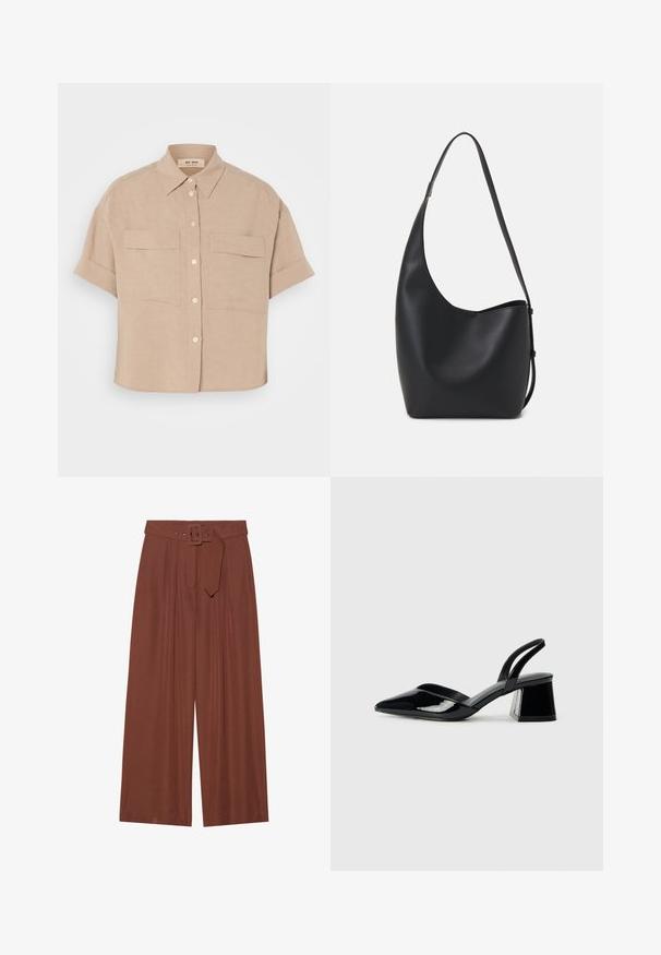 Camisa de linho bege de mangas curtas com colarinho pontudo, dois bolsos frontais e botões brancos. Corte boxy, textura suave.; Calças de perna larga em tecido castanho, com um cinto de fivela quadrada, design pregueado e textura suave.; Sandy em verniz preto com salto slingback, ponta afilada e salto geométrico. Apresenta um design elegante e minimalista com textura suave.; Saco hobo preto em pele com uma textura lisa, forma curva e uma única alça ajustável; apresenta uma abertura larga na parte de cima.