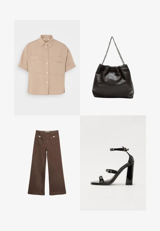 Bežina lanena košulja kratkih rukava s oštrim ovratnikom, dva prednja džepa i bijelim gumbima. Kutija fit, glatka tekstura.; Smeđe široke hlače od pamuka, s dva prednja džepa sa srebrnim dugmadima i glatkom teksturom.; Crne lakirane sandale na visoku petu s dva remena s kopčama, kvadratnim vrhom i masivnom blok petom, s glatkom, sjajnom teksturom.; Smeđa kožna torba s naboranim vrhom i lančićem za nošenje. Glatka tekstura s sjajnim završetkom i suptilnim šavnim detaljima sa strane.