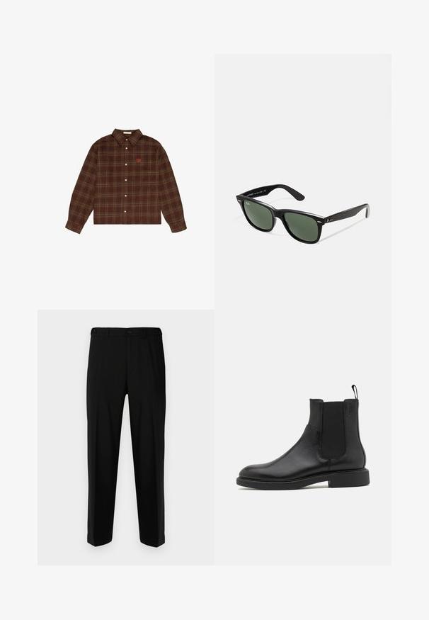 Camisa de cuadros marrón y verde con botones y mangas largas, con un pequeño logo bordado naranja en el lado izquierdo del pecho.; Pantalones negros de tela suave, con corte recto, dos bolsillos frontales y cremallera con cierre de botón.; Botín de cuero negro con textura suave, paneles laterales elásticos y una lengüeta. Punta redonda y suela de goma plana con mínimo dibujo.; Gafas de sol de plástico negro con lentes verdes, montura cuadrada, acento plateado en la ceja y brazos texturizados. Marca indicada en el brazo interno.