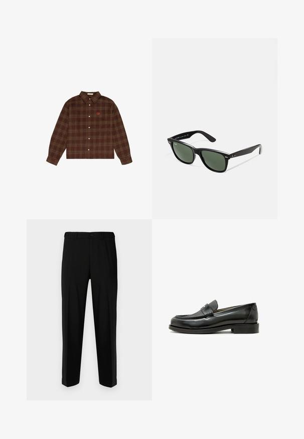 Bruin en groen geruite button-up shirt met lange mouwen en een klein oranje geborduurd logo op de linkerborst.; Zwarte broek van gladde stof, met een rechte snit, twee voorzakken en een ritssluiting met knoopsluiting.; Zwarte leren loafer met een textuuraccent van zwart leer, ronde neus en een lage blokhak; beschikt over een decoratief metallic detail.; Zwarte plastic zonnebril met groene lenzen, vierkante montuur, zilveren accent op de wenkbrauw en een gestructureerde tempel. Merken vermeld op de binnenkant van de arm.