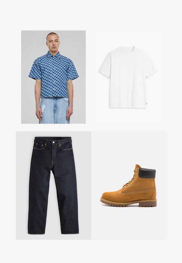 Kortærmet skjorte i blåt ternet mønster, denim materiale, med knaplukning foran og en cropped, boxy fit. Slidte jeans nedenfor.; Hvid bomulds T-shirt med korte ærmer, rund hals og en diskret Levi's logo trykt i midten. Blød tekstur og standard pasform.; Mørkeblå denimjeans med lige pasform, fem lommer, kontrasterende orange syning og knaplukning. Ingen synlige mønstre eller udsmykninger.; Tan nubuck ankelstøvle med sort polstret krave, gyldne metaløjer, hvid syning detaljer og robust gummisål med udtalte slidbaner.