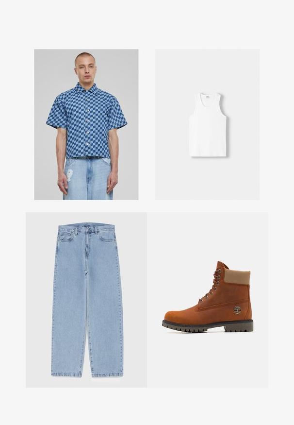 Kortærmet skjorte i blåt ternet mønster, denim materiale, med knaplukning foran og en cropped, boxy fit. Slidte jeans nedenfor.; Hvid bomulds tanktop med rund halsudskæring, brede skulderstropper og lige kant, der har en glat tekstur og uden synlige mønstre.; Lyseblå denimjeans med straight leg-design, der har en mid-rise talje, fem lommer og en lukning med knap og lynlås.; Timberland Snørestøvletter - medium orange