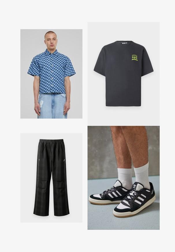 Košulja s kratkim rukavima u plavom kariranom uzorku, od traper materijala, s kopčanjem sprijeda i skraćenim, kutijastim krojem. Ispod su rastegnute traperice.; Majica Adidas u boji ugljena s kratkim rukavima i malim grafikom u neon zelenoj boji koja prikazuje zvučnike, sunce i Adidas logotip na lijevoj strani prsnog koša.; Crne karirane hlače s elastičnom urezom, dva prednja džepa i ležernim krojem s ravnim nogavicama. Izrađene su od laganog materijala.; Crne i bijele tenisice s gornjim dijelom od antilopa i kože, s tri bijele pruge, perforiranim prstom i gumiranim potplatom.