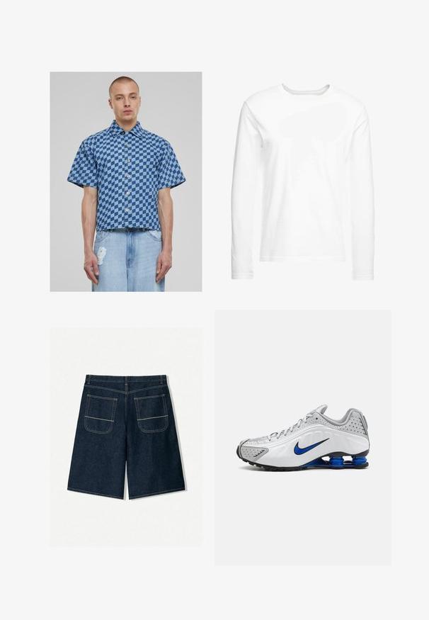Korte mouwen overhemd in blauw geruit patroon, van denim materiaal, met een knoopsluiting aan de voorkant en een cropped, boxy fit. Versleten jeans eronder.; Langsleeve witte t-shirt gemaakt van zachte katoen. Ronde halslijn met rechte zoom en geen zichtbare patronen of graphics.; Donkerblauwe denim shorts met een losse pasvorm, voorzien van twee achterzakken met contrasterende stiksels. Rechte snit en knielange ontwerp.; Nike hardloopschoen met een witte en grijze bovenkant, blauwe accenten, geperforeerde details, een gevoerde zool en een kenmerkend Shox veersysteem.