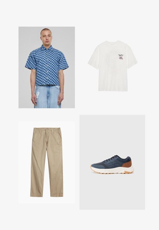 Lyhythihainen paita sinisessä ruutukuviossa, denim-materiaalia, nappikiinnitys edessä ja lyhyenä, laatikkomaista muotoa. Kulutetut farkut alla.; Valkoinen puuvillapaita, jossa on lyhyet hihat ja pyöreä kaula-aukko. Vasemmassa rinnassa on puseroon brodeerattu kukkakuvio vaaleanpunaisena ja mustana.; Beige suorat lahkeet chinosit vyölenkkeillä, etupainike- ja vetskarikiinnitys sekä viistot etutaskut.; Tummansininen urheilukengät, joissa on ruskea kantaosa, teksturoitu verkko-osa, pehmustettu kaulus ja valkoinen kumipohja, jossa on kuvioitu pito.
