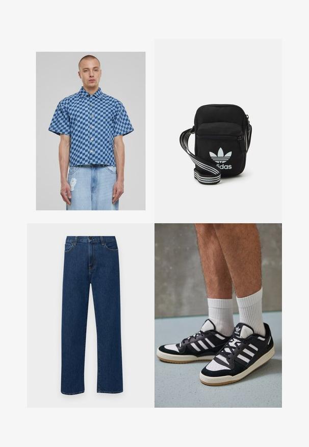 Rövid ujjú ing kék kockás mintával, farmer anyagból, gombos elülső résszel és rövid, dobozos szabással. Alatta megviselt farmernadrág.; Sötétkék, egyenes szárú farmernadrág, elülső zsebekkel és gombos záródással, sima fehér háttéren bemutatva.; Fekete-fehér tornacipők velúr és bőr felsőrésszel, három fehér csíkkal, perforált orral és gumi talppal.; Fekete anyagú, keresztpántos táska cipzáras záródással, fehér Adidas logóval és csíkos állítható pánttal a könnyű hordozás érdekében.