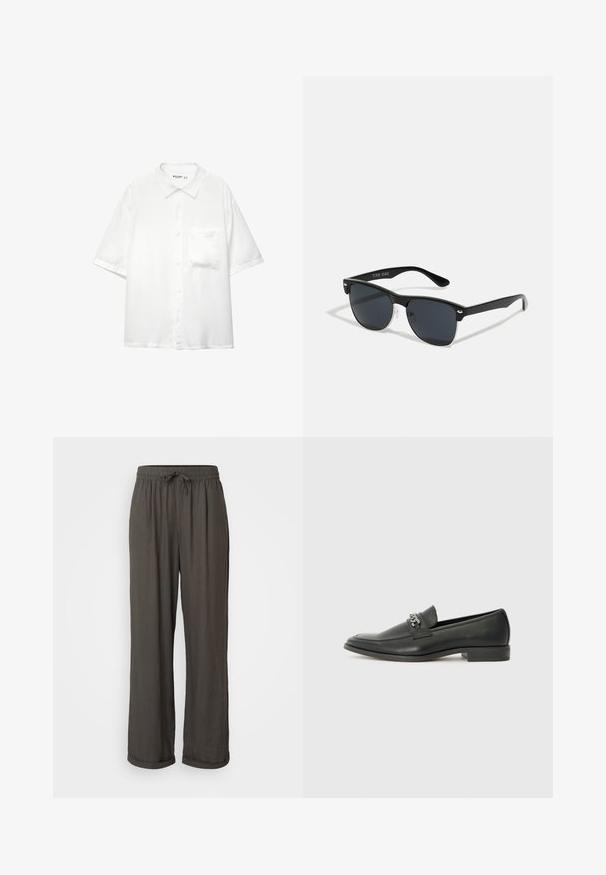 Biela košeľa s krátkym rukávom, vyrobená z hladkej tkaniny, s golierom a jednou náprsníkou, s voľným strihom.; Tmavošedé nohavice s voľným strihom a šnúrkou v páse, vyrobené z mäkkej, textúrovanej tkaniny, s rolovanými manžetami na členkoch.; Čierne kožené loafers s hladkým povrchom, s prešitým dizajnom a dekoratívnym kovovým reťazovým akcentom cez priehlavok. Plochý podpätok.; Čierne slnečné okuliare s obdĺžnikovým tvarom, tmavými sklami, striebornými akcentmi na bočných okrajoch a matným povrchom rámu.
