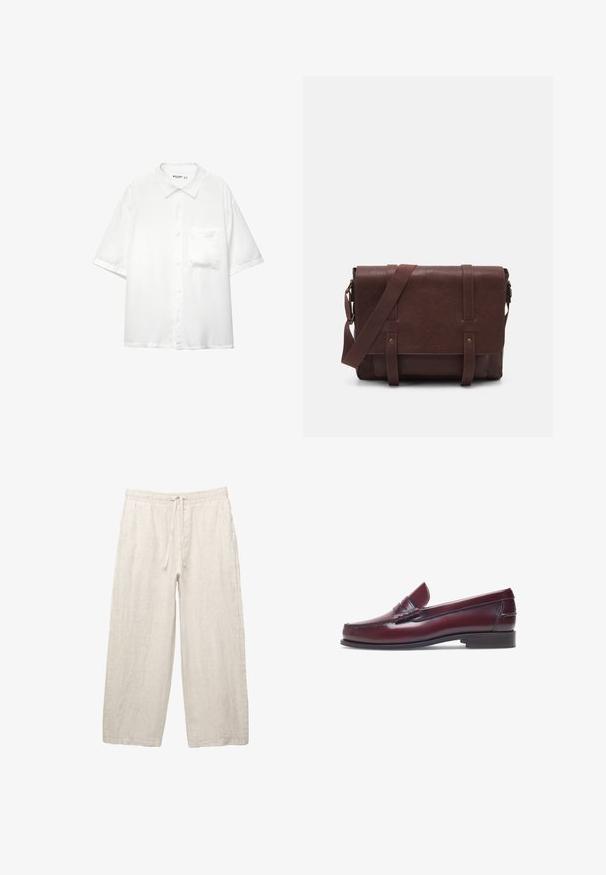 Korte mouwen witte button-up shirt, gemaakt van gladde stof, met een kraag en een enkele borstzak, met een relaxte pasvorm.; Linnen broeken in lichtbeige, met een elastische tailleband met een trekkoord, een wijde pasvorm en zijzakken. Gladde textuur.; Bordeaux leren instapper met een ronde neus, gestikte details en een kleine decoratieve accent op de schacht. Platte, contrasterende zool.; Bruine lederen schoudertas met een platte voorflap, twee banden, gouden hardware-accenten en een verstelbare schouderband.