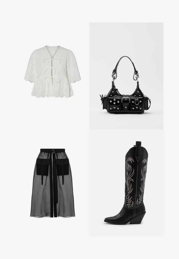 Fehér, rövid ujjú blúz V-nyakkivágással, megkötő részlettel és fodros szegéllyel. Szúrta hímzéssel díszített az egész felületen, ami textúrát és mintát ad.; Fekete áttetsző szoknya ráncolt derékrésszel, két nagy elülső zsebbel, derékpánttal és kör alakú fém díszítéssel.; Fekete bőr cowboy csizmák hegyes orral, wedge sarkakkal és ezüst hímzett virágmintákkal a szár mentén. Kontraszt varrás az egész csizmán.; Fekete bőr kézitáska ívelt designnal, ezüst szegecsekkel, csattal és két oldalsó zsebbel. Állítható vállpánt a hordozási lehetőségekhez.