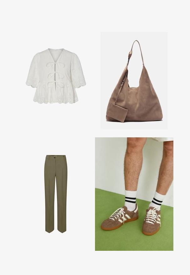 Hvit kortermet bluse med v-hals, knyte detaljer og bølget kant. Har hullbroderi gjennom hele for tekstur og mønster.; Olivenfargede skræddersydde bukser med rett ben, enkel knappelukking og to frontfeller, med en glatt, vevd tekstur.; Brune mokkasko med hvite detaljer og snøring. Gummisåle. Brukt med hvite sokker med svarte striper. Grønn teksturert gulv.; Zign LEATHER - Shoppingveske - light brown