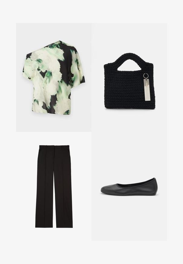 Asymmetrical blouse in lightweight fabric featuring a black background with green and white floral patterns; short sleeves, relaxed fit.; Black tailored trousers made of a smooth fabric, featuring a straight-leg design, and two side pockets. Elegant and minimalistic construction.; Black leather ballet flat with a rounded toe, smooth texture, minimal stitching detail, and a flexible sole design.; Won Hundred MARSIELLE COMPUTER BAG UNISEX - Laptop bag - black