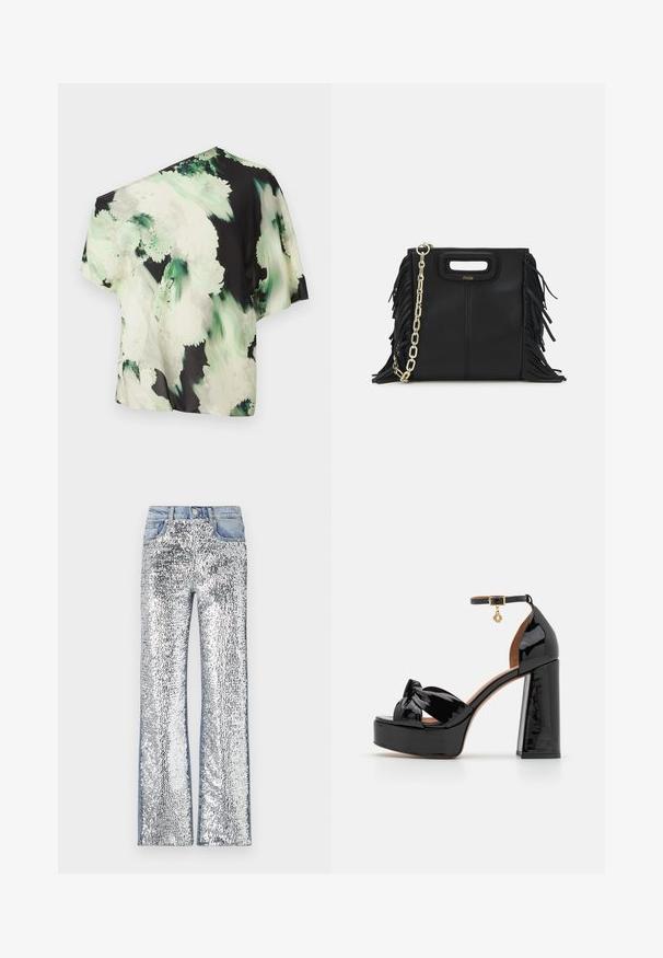 Asümmeetriline pluus kerge kangaga, millel on must taust roheliste ja valgete lillemuster; lühikesed varrukad, mugav lõige.; Hõbedased säraefektiga teksad, millel on laienev disain, denimist vöökoht ja külgedel, luues tekstuurse ja peegeldava pinna.; Maje Kõrge kontsaga sandaalid - noir; Musta nahk käekott, millel on frantsiisid, kuldne ahelsanga ja lõigatud käepide. Esiosas on logot.