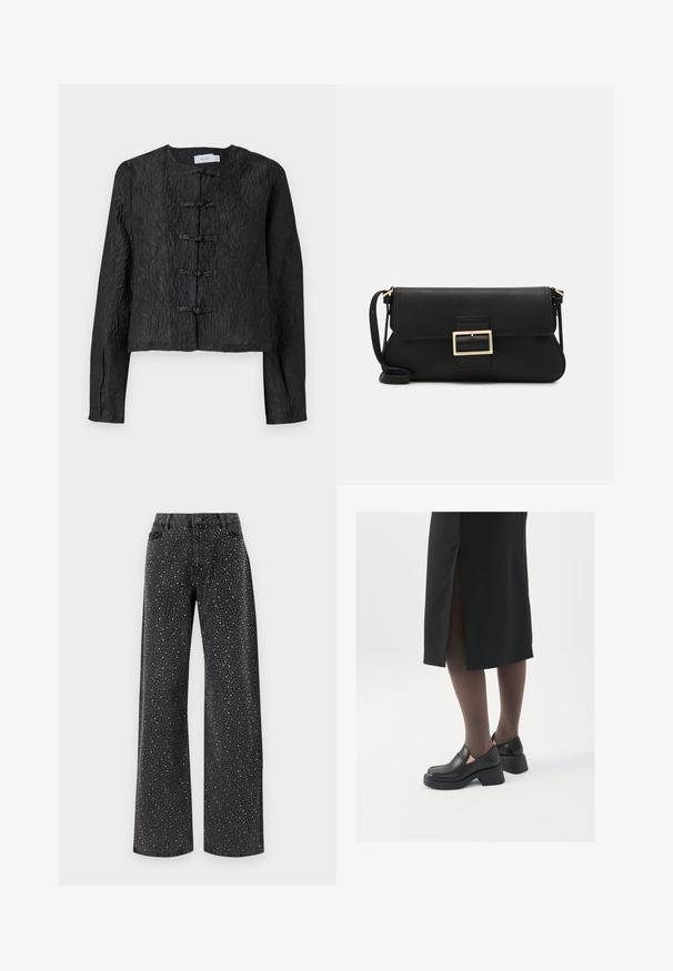 Must must jacket, mille pintseli pinnaga, pikad varrukad ja viis nööpi eest kinnitamiseks. Lihtne ümmargune kaelus.; Noisy May NMJANNEL LOOSE - Avar lõikega teksad - black denim; Mustad mustad jalatsid ümmarguse varbaga, paksu plokkniidi ja elastsete külgdetailidega, kombineeritud tumedate sukkade ja musta lõhikuga seelikuga.; Must haben musta nahkklahviga kott, millel on klapp ja kuldne metallist pandla detail. Kaasas must rihm ja stiilne, minimalistlik disain.; Hõbedased rõngastikkaehingad minimalistlikus disainis. Ümar kuju, sile tekstuur ja õhuke profiil. Kerged ning poleeritud viimistlusega.