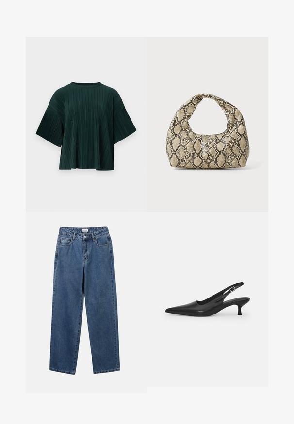 Tmavozelený plisovaný top s okrúhlym výstrihom a širokými krátkymi rukávmi, ktorý sa vyznačuje textúrovanou látkou a voľným strihom.; Klasické modré džínsy z denimu so strihom rovného strihu, piatimi vreckami a zapínaním na gombík. Majú stredné praním a pevnú textúru.; Čierne kožené sandále s úzkym špičatým prstom a štíhlym zakriveným podpätkom. Majú diskrétny nastaviteľný popruh s kovovou sponou.; Kabelka s hadím vzorom a zakriveným rukoväťou. Vyrobená z textúrovaných béžových a hnedých materiálov, s charakteristickým diamantovým vzorom.