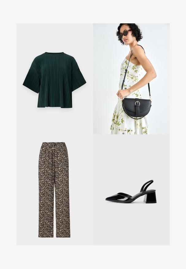 Top plissettato verde scuro con scollatura rotonda e maniche corte larghe, caratterizzato da un tessuto testurizzato e una forma fluida.; I pantaloni a stampa leopardata presentano un motivo nero e beige, una cintura elastica e una vestibilità a gamba dritta. Realizzati in un morbido tessuto leggero.; Décolleté in vernice nera con punta affusolata e tacco in geometria cubica. Presentano un design elegante e minimalista, con una texture liscia.; Borsa a tracolla nera in pelle con una forma curva, manico rimovibile e accessori dorati. La borsa presenta una patta con un dettaglio a fibbia.
