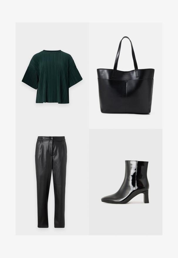 Top plissado verde escuro com decote redondo e mangas curtas largas, apresentando um tecido texturizado e uma forma fluida.; Calças de couro pretas com uma textura suave, corte reto, cintura elástica e fecho com botão na frente; detalhe plissado e pernas afuniladas.; Botim de tornozelo em pele sintética preta com bico apontado e salto bloco de altura média. Textura suave e design minimalista.; Bolsa tote preta em couro com duas alças longas, textura suave e forma estruturada. Apresenta um bolso frontal para armazenamento adicional.