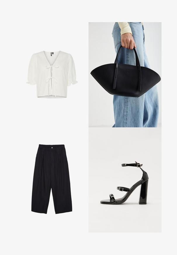 Blusa bianca corta in tessuto leggero, con scollatura a V, maniche a sbuffo e dettaglio con laccio frontale, dalla vestibilità rilassata.; Pantaloni culotte neri in poliestere con una cintura elastica, due pieghe frontali e una silhouette ampia. Nessun motivo visibile o dettagli in metallo.; Sandali con tacco in vernice nera, con punta squadrata, cinturini alla caviglia e fibbie in argento. Presentano un tacco a blocco spesso per maggiore stabilità.; Borsa a tracolla in pelle nera con una forma a ventaglio unica, dotata di manici piatti. La superficie presenta una texture a ciottoli e un design minimalista.