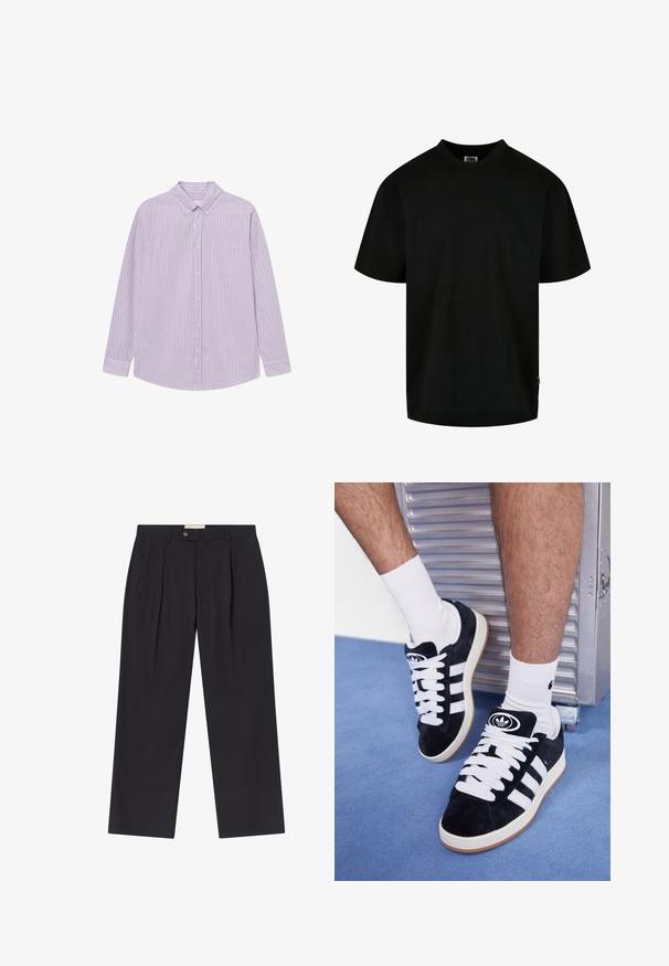 Camicia a maniche lunghe a righe viola e bianche con colletto a bottoni, taschino singolo sul petto e orlo curvo. Realizzata in tessuto leggero.; T-shirt nera in cotone, con scollatura rotonda e maniche corte, dal taglio morbido. Design semplice, senza motivi o grafiche.; Pantaloni scuri navy su misura con vita alta, due pieghe frontali, chiusura con bottone e gamba dritta in tessuto liscio.; Sneakers in suede nero con lacci bianchi e tre strisce bianche. Presentano un logo circolare nero sulla linguetta e una suola in gomma color gomma.