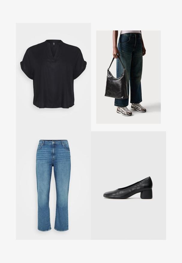 Blusa nera a maniche corte con scollatura a V e polsini arrotolati. Realizzata in tessuto morbido, presenta una vestibilità ampia e una consistenza morbida.; Jeans in denim azzurro chiaro con design a gamba dritta, dotati di cinque tasche, passanti per cintura e leggero sbiadimento sul davanti.; Pantofole nere in pelle con punta arrotondata e tacco medio a blocco. Texture liscia con dettagli minimi, caratterizzata da un'apertura elastica sottile.; Borsa a tracolla nera in pelle con una texture liscia e tracolla regolabile, abbinata a jeans ampi sbiaditi e sneakers sportive.