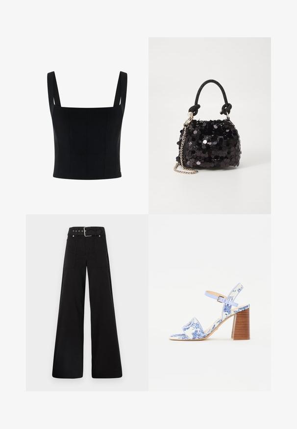 Juodas trumpas topas su plačiomis petnešomis, turi struktūrinį dizainą ir vertikalias siūles, suteikiančias papildomą formą ir detales. Lygus tekstūra.; Juodos plačios kojų kelnės, pagamintos iš medvilnės, su aukšta liemene, didelėmis šoninėmis kišenėmis ir diržu, papuoštu sidabriniais akcentais.; Mėlynos gėlėtos šlepetės su kvadratiniu pirštu, plačia juostele ir reguliuojama kulkšniai, turi struktūruotą medinį blokinį kulną.; Juodas blizgučių mini rankinukas su mazguotu tekstūruotu dirželiu ir sidabro grandine. Suapvalinta forma su susiraukšlėtopu ir atspindinčiomis detalėmis.