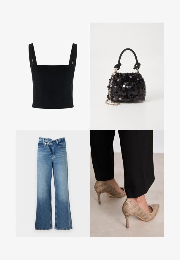 Crni kratki top s širokim naramenicama, ima strukturirani dizajn i vertikalne šavove za dodatni oblik i detalje. Glatka tekstura.; Svijetloplave traperice s izrezom i visokim strukom, s dva gumba i prednjim džepovima. Tkanina ima izblijeđenu teksturu s suptilnim varijacijama.; Bež cipele s visokom petom izrađene od teksturiranog materijala s ponavljajućim uzorkom. Dizajn s oštrim vrhom s pozadinskim naglaskom i zlatnim detaljem na peti.; Crna mini torbica sa šljokicama, s čvorastim teksturiranim remenom i srebrnim lancem. Zaobljenog oblika s naboranim vrhom i reflektivnim detaljima.