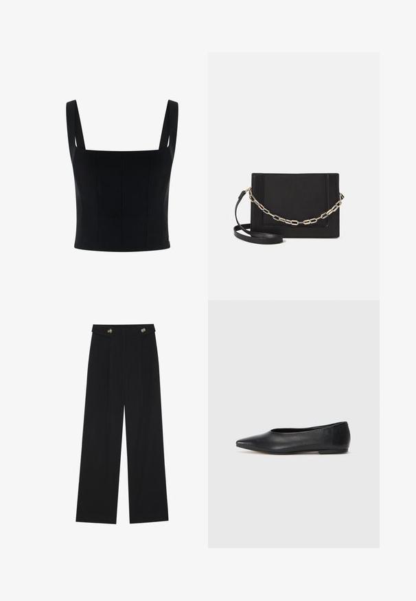 Zwart cropped top met brede schouderbanden, heeft een gestructureerd ontwerp en verticale naden voor extra vorm en detail. Gladde textuur.; Zwarte wijde broek met hoge taille, knoopdetails op de tailleband en plooien aan de voorkant.; Zwarte leren balletflat, puntige neus, minimalistisch design, gladde textuur, lage hak, geen zichtbaar beslag of versieringen.; Zwarte leren schoudertas met een gladde textuur, rechthoekige vorm en een metallic kettingdetail aan de voorkant. Verstelbare schouderband inbegrepen.; Zilveren dubbele ring met een gladde, gepolijste oppervlakte. Heeft een vloeiende, gebogen vorm met overlappende secties voor een moderne uitstraling.