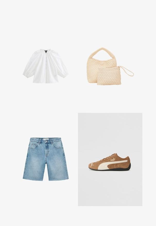 Weiße Baumwollbluse mit puff Ärmeln, Rundhalsausschnitt und Knopfleiste. Verziert mit Lochmuster und Broderie-Akzenten.; Hellblaue Jeansshorts im geraden Schnitt, mit fünf Taschen, vorderem Knopfverschluss und ausgefranstem Saum. Klassische Jeansstruktur.; Braune Wildleder-Low-Top-Sneaker mit cremefarbenen Akzenten, strukturierter Oberfläche, schwarzer Gummisohle und gesticktem Logo an der Seite und Zunge.; Geflochtenes, cremefarbenes Taschen-Set, bestehend aus einer größeren Handtasche mit rundem Griff und einer kleineren Tasche mit einem Riemen, beide mit einheitlicher Textur.