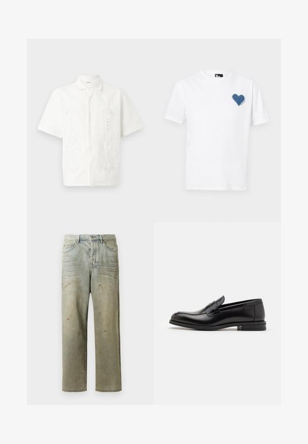 Hvid kortærmet skjorte lavet af letvægtstof, med indviklet blomsterbroderi i flere mønstre, klassisk krave og knaplukning.; Hvid bomulds t-shirt med en blå denim hjerteapplikation på venstre bryst. Kortærmet og med en klassisk rund hals.; Slidte denimjeans i lysegrøn med lige ben, femlommerdesign og ujævn falming med malersplatter.; Sorte læderloafers med en glat overflade, rund tå og en dekorativ strop over vampen. Lav hæl med stabeldesign, minimalistisk stil.