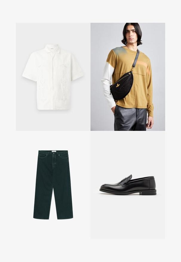 Cămașă albă cu mânecă scurtă, fabricată dintr-un material ușor, având broderii florale complicate în mai multe modele, cu un guler clasic și închidere cu nasturi.; Blugi din denim largi, de culoare verde închis, cu închidere cu nasture și fermoar, buzunare frontale și suporturi pentru curea, așezați pe un fundal alb.; Mocasini din piele neagră cu o textură netedă, vârf rotund și o curea decorativă peste partea superioară. Toc mic, design minimalist.; Vivienne Westwood CITY BUMBAG UNISEX - Borsetă - black