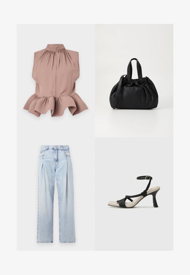 Ärmlös topp i dammig ros med hög krage, rynkad halsringning och en utsvängd volangkant, tillverkad av ett smidigt, lätt tyg.; Ljust blå denimjeans med hög midja, vida ben, två sidofickor och veckad design. Mjuk textur med en blekt finish.; Svart klacksandaler med flätad remdesign, fyrkantig tå och justerbar vristrem. Ljusbeige fotbädd med glansig svart klack.; Svart läderhandväska med en samlad toppdesign, som har två korta handtag och ett långt justerbart axelband. Slät textur, rund form.