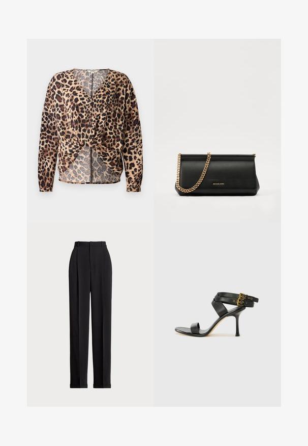 Bluse mit Leopardenmuster, V-Ausschnitt, langen Ärmeln, geknoteter Vorderseite und Knopfdetails. Hergestellt aus leichtem, strukturiertem Stoff.; Schwarze, taillierte Hose mit hoher Taille, mit Falten vorne, geradem Bein-Design und umgeschlagenem Saum. Aus glattem Stoff gefertigt.; Schwarze Absatzsandale mit gekreuzten Riemen und verstellbarem Schnallenverschluss. Sie verfügt über eine glatte Textur und einen schmalen Stiletto-Absatz.; Schwarze Leder-Clutch mit einer goldenen Ketten-Trage, die eine glatte Oberfläche, rechteckige Form und geprägtes Branding auf der Vorderseite aufweist.
