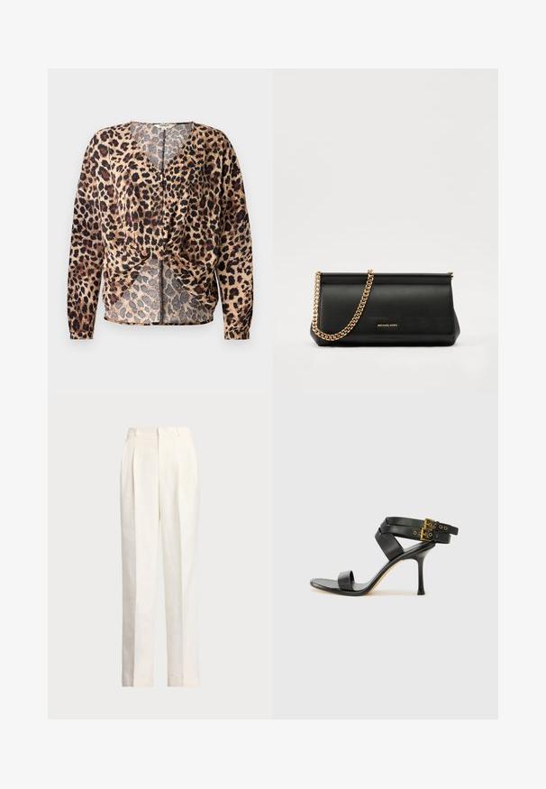 Leoparda raksta blūze ar V veida kakla izgriezumu, garām piedurknēm, mezglotu priekšpusi un pogu detaļām. Izgatavota no viegla, teksturēta auduma.; Polo Ralph Lauren HEMP WIDE LEG PANT - Auduma bikses - nevis; Melna augsta papēža sāndele ar krustotiem siksniņām un regulējamu sprādzi. Iespēlēts gluds tekstūra un pakāpenisks stiletto papēdis.; Melns ādas apliecības soma ar zelta ķēdes siksnu, ar gludu tekstūru, taisnstūra formu un izspiestu zīmolu uz priekšpuses.