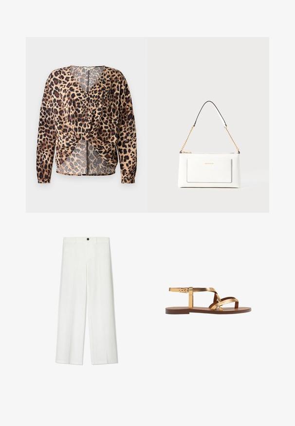 Bluse mit Leopardenmuster, V-Ausschnitt, langen Ärmeln, geknoteter Vorderseite und Knopfdetails. Hergestellt aus leichtem, strukturiertem Stoff.; Weiße, weite Hosen mit glatter Textur, ausgestattet mit einem vorderen Knopfverschluss und Gürtelschlaufen, gefertigt für eine lockere Passform.; Goldene metallische flache Sandalen mit mehreren breiten Riemen, einem geschnallten Knöchelriemen und einer braunen flachen Sohle. Glatte Textur im gesamten Design.; Weißes Lederhandtasche mit strukturierter Oberfläche, ausgestattet mit einem goldenen Kettenriemen und schwarzen Akzenten. Enthält eine Fronttasche und einen Reißverschluss.
