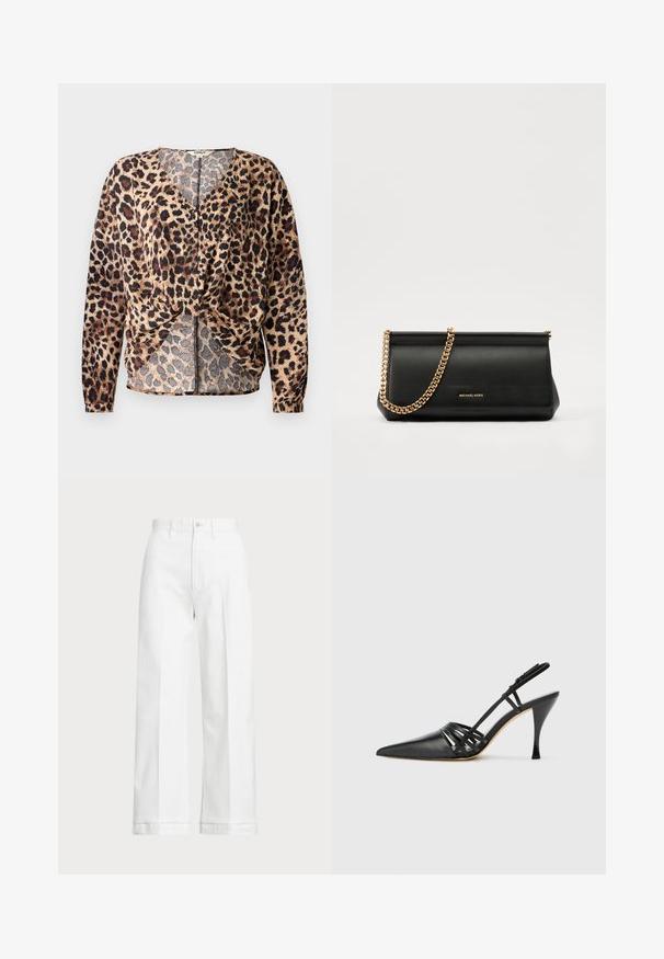 Leopardų rašto bliusonė su V formos iškirpte, ilgomis rankovėmis, mazgu priekyje ir mygtukų detalėmis. Pagaminta iš lengvo, tekstūruoto audinio.; Balti platūs kelnės su aukštu juosmeniu, su mygtuko uždarymu ir subtiliu siuvimo akcentu. Pagamintos iš medvilnės su glotnia tekstūra.; Juodas odinis aukštakulnis slingback batelis su smailiu noseliu, kryžminiu dirželiu ir plonu stiletto kulnu. Lygus paviršius ir minimalūs akcentai.; Juodas odinis delninukas su auksine grandine, turintis lygų paviršių, stačiakampį išmatavimą ir įspaustą prekės ženklą priekyje.