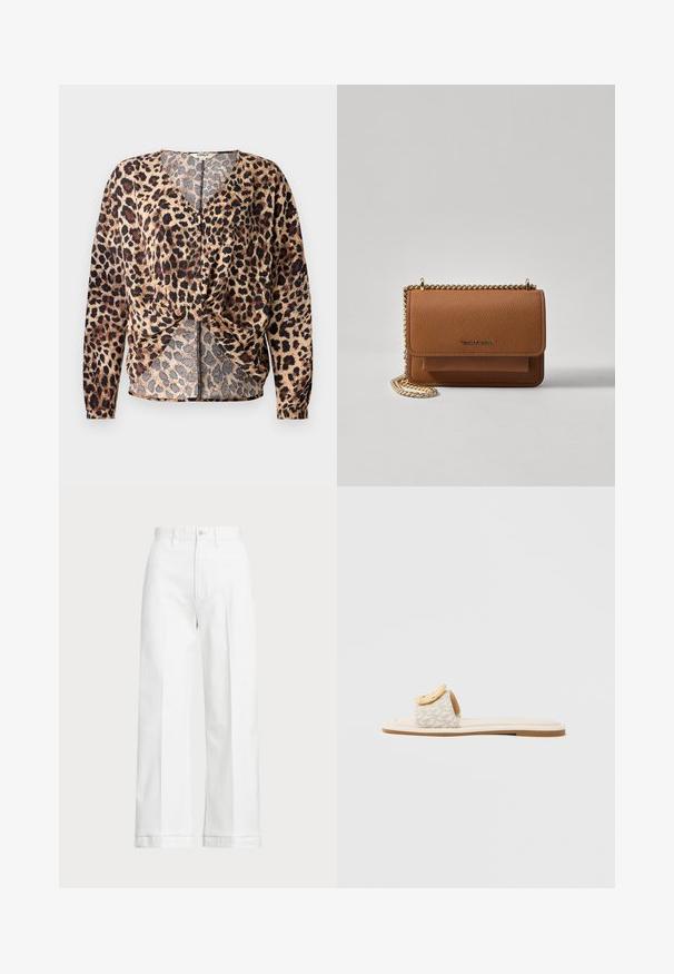 Blusa com padrão de leopardo, apresentando decote em V, mangas longas, frente atada e detalhes em botão. Feita de um tecido leve e texturizado.; Calças brancas de perna larga com uma cintura alta, apresentando um fecho de botão e detalhes de costura discreta. Feitas de algodão com uma textura suave.; Sandália tipo slide com uma tira bege com padrão geométrico, um detalhe arredondado amarelo na parte superior e uma sola plana e clara.; Bolsa crossbody de couro texturizado castanho com alça de corrente dourada e fecho com aba. A parte da frente apresenta detalhe do logótipo e um bolso sob a aba.