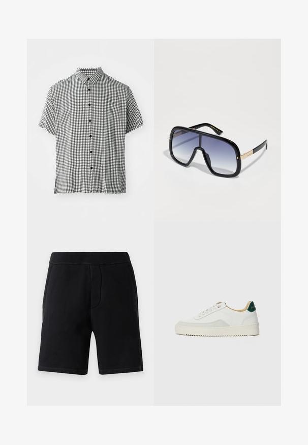 Korte mouwen overhemd met een zwart-wit ruitpatroon, voorzien van een klassieke kraag en zwarte knopen aan de voorkant.; Zwarte sportshorts van zacht materiaal; voorzien van een elastische tailleband, twee zijzakken en contrasterende stiksels.; Witte sneaker met suède accenten, ronde neus, platte veters en een crème rubberen zool. Bevat groene branding op de hiel.; Overmatige zwarte zonnebril met een vervagende paarse lens, glanzende afwerking en gouden accenten op het oortje. Rechthoekig frame.